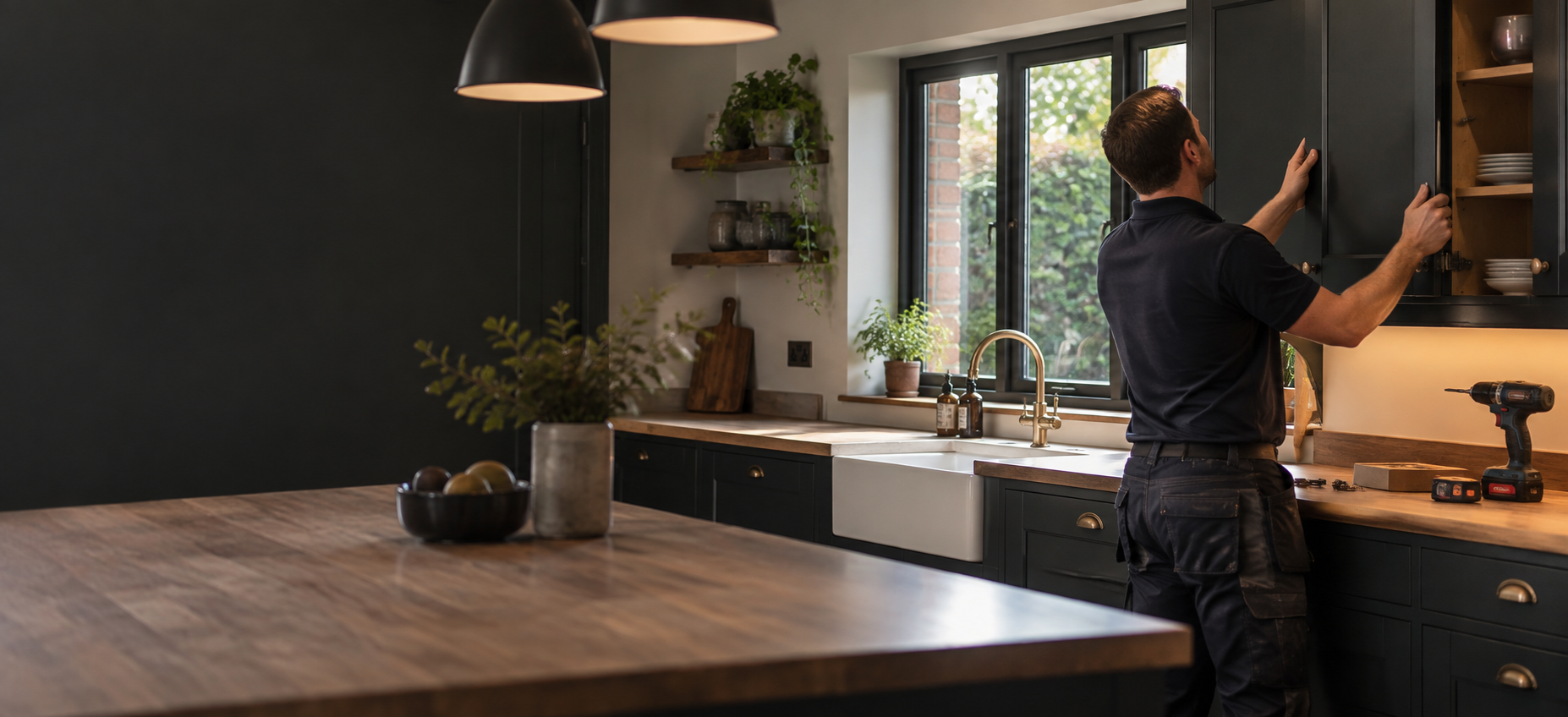 Property maintenance specialist carefully fitting cabinetry in a British home